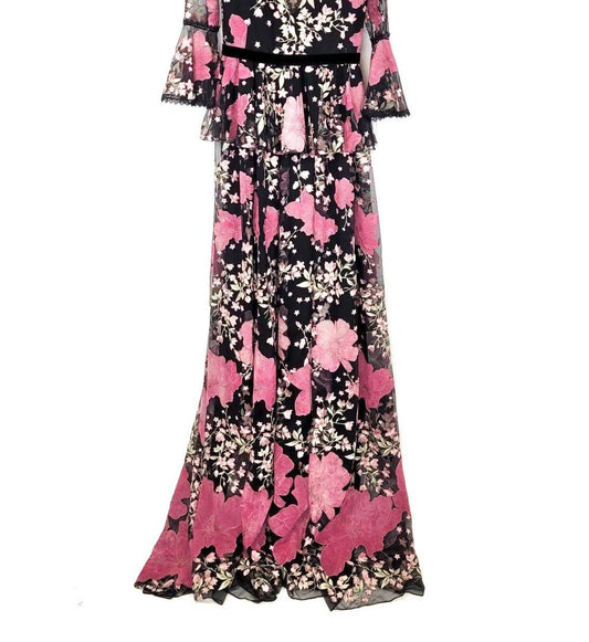 BELL SLEEVE V NECK FLORAL GOWN