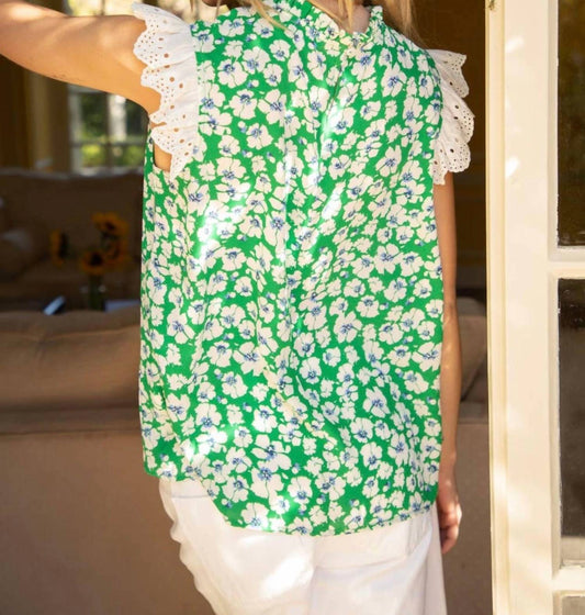 Voy - Emerald Isle Eyelet Ruffle Sleeve Print Top