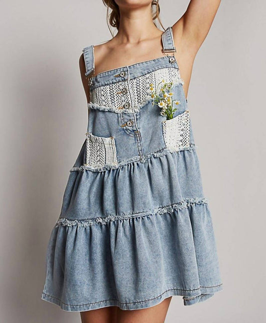 Pol - Frayed Edge Button Suspender Denim Skirt