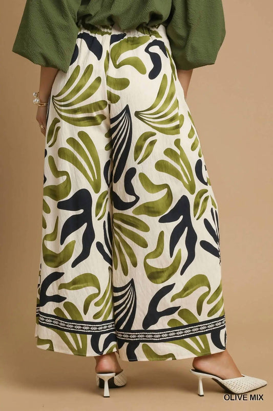 Umgee - Tropical Leaf Print Wide Leg Pants