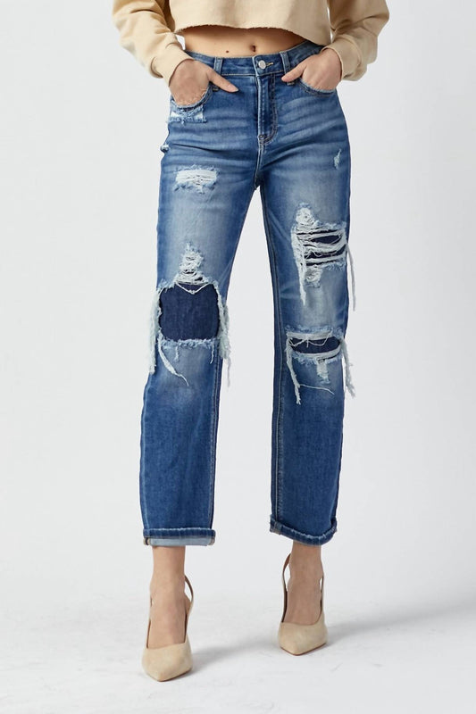 Risen - High Rise Patched Distressing Straight Leg Jeans