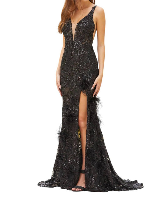 Amarra - Feathered Sequined Evening Gown