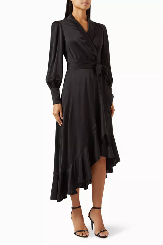 Tea & Cup - Ruffle Hem Wrap Midi Dress
