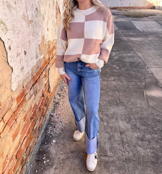 Fashionworks - Casey Checkered Side Slits Drop Shoulder Oversized Sweater