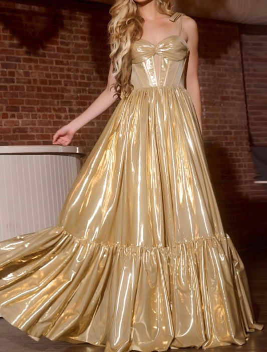 Jovani - Shiny Corset Gown With Flared Skirt