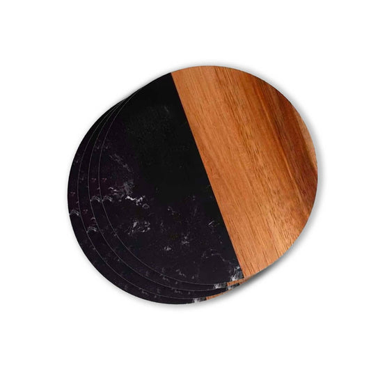 Creative Gifts International - Set Of 4 Marble and Acacia Wood Round Coasters