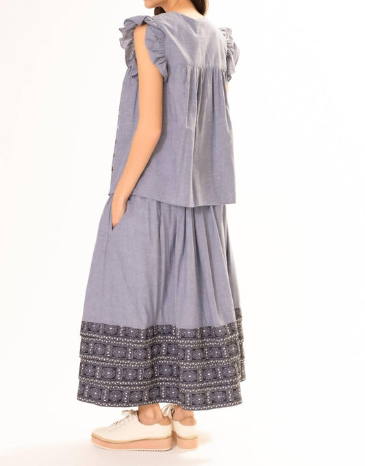 Area Stars - CHAMBRAY EMBROIDERED RUFFLE TOP