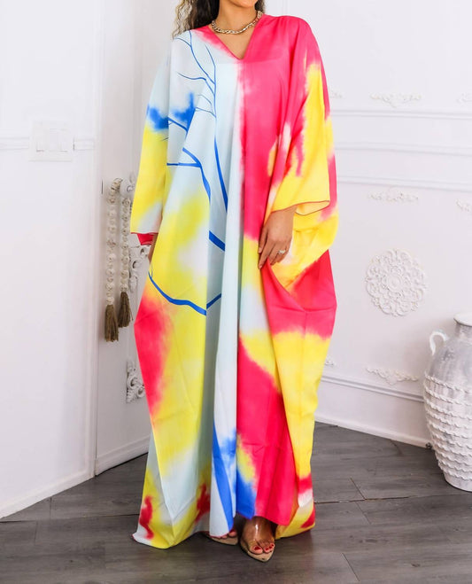 Surelymine - Colorburst Abstract Kimono Maxi Dress Flowy V-neck Style