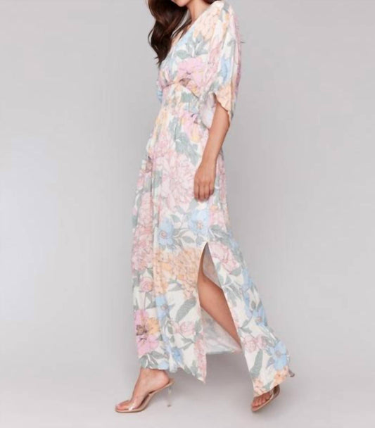 Charlie B - Printed Dolman Sleeve Maxi Dress With Side Slits
