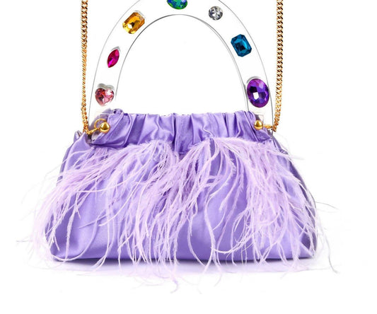 Milanblocks - Women's Colorful Gem Handle Embellished Feather Bag