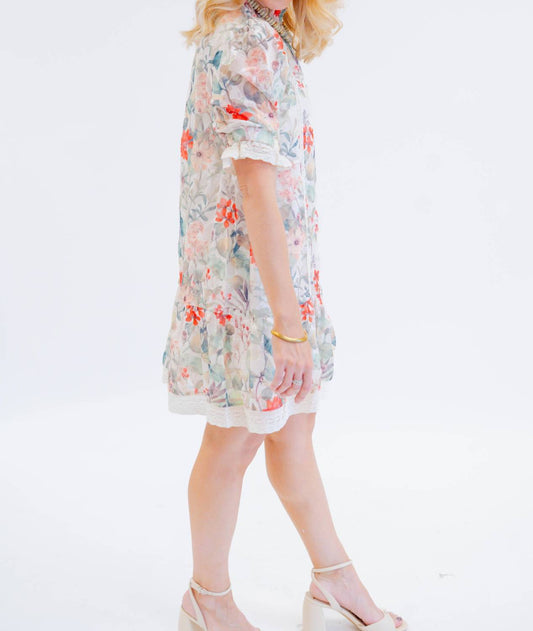 Tcec - Painterly Lace Trim Baby Doll Dress