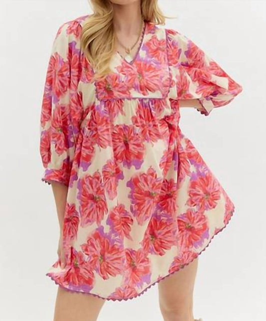 Entro - Floral 3/4 Sleeve Babydoll Mini Dress