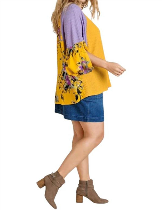 Umgee - Floral Split Sleeve Color Block Top