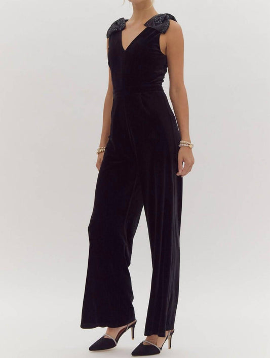 Entro - Wide Leg Jumpsuit With Sequin Bow Shoulder