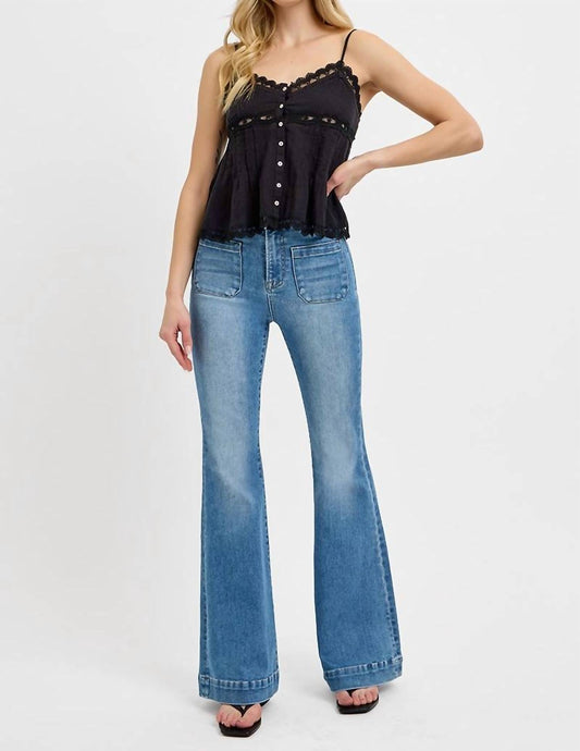 Risen - Elastic Band High Rise Flare Front Patch Pocket Jeans