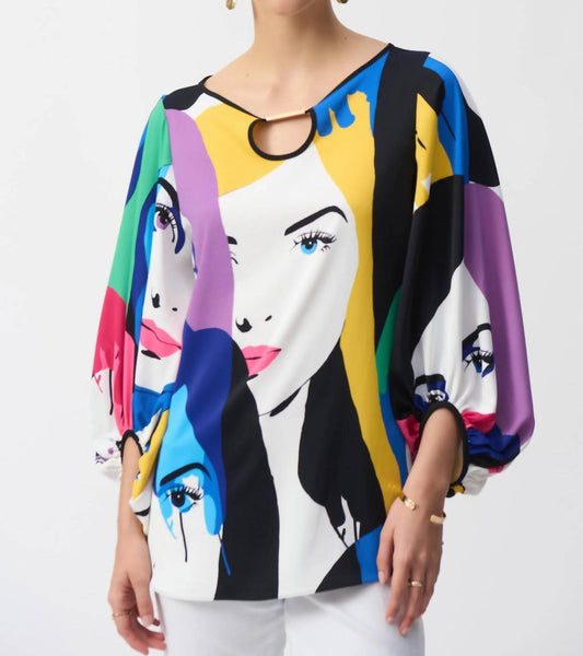 Joseph Ribkoff - Face Print Color Block Puff Sleeve Top