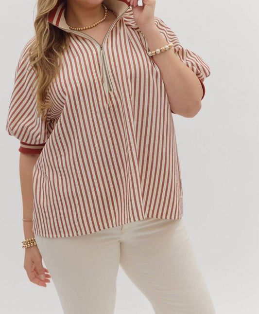 Entro - Stripe Half-zip Puff Sleeve Top - Plus