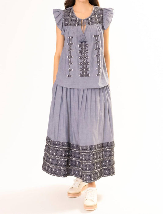 Area Stars - CHAMBRAY EMBROIDERED RUFFLE TOP