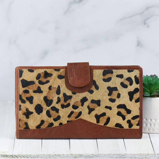 Lauren Lane - Women's Genuine Leather And Cowhide Travel Wallet Brown Leather Leopard Print Hide