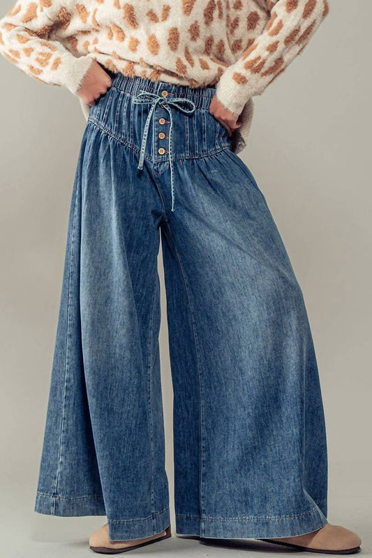 Urban Daizy - Women's Pleated Wide Leg Button Closure Pants