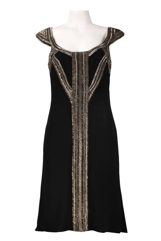 Theia - Scoop Neck Mixed Bead Trim Detail High Low Crepe Dress