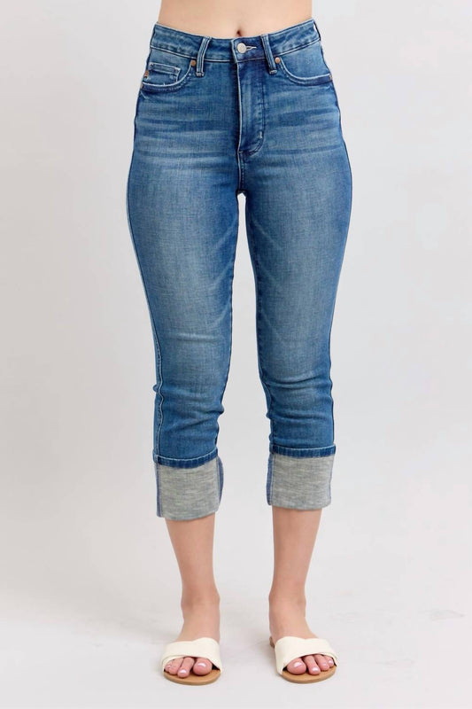 Judy Blue - Tummy Control Back Shield Pockets & Cuff Capri Denim Jeans