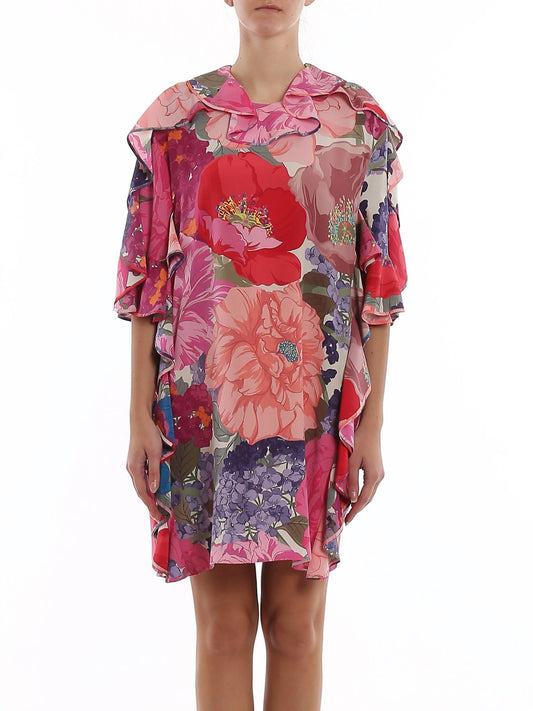 Valentino - Floral Silk Flounced Dress