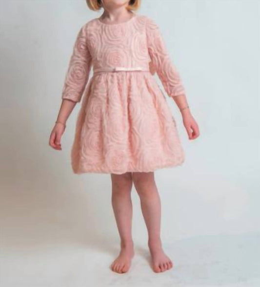 Sweet Kids - Three Quarter Sleeve Rosette Mesh Satin Dress