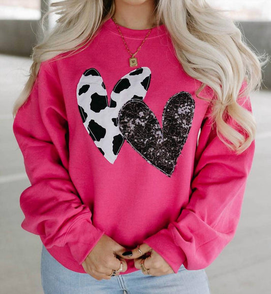 Little Daisy Closet - Strawberry Pink Cow & Sequin Double Heart Patch Sweatshirt
