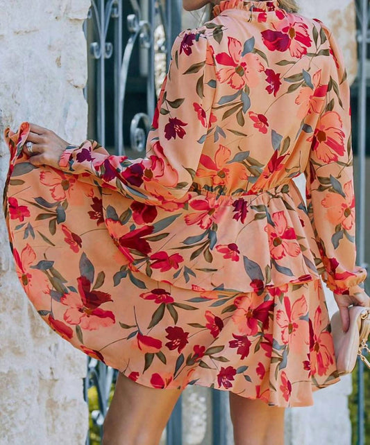 Shewin - Frilled Collar Long Sleeve Floral Dress