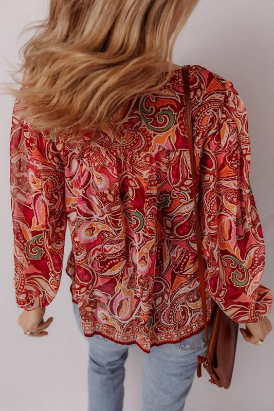 Shewin - Paisley Print Tassel Tie Boho Blouse
