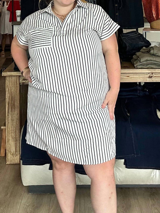 She + Sky - Drop Sleeve Striped Woven Shirt Mini Dress With Pockets - Plus