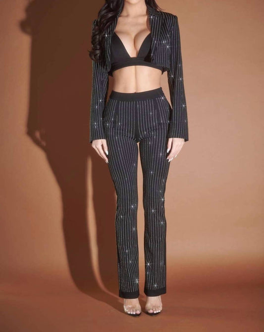 Wffs - Boss Rhinestone Pinstripe Cropped Blazer