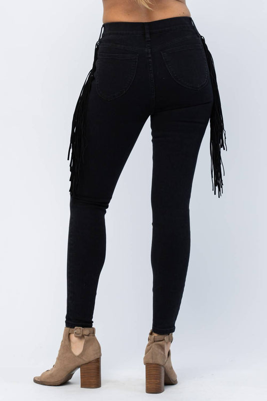 Judy Blue - High-rise Side Fringe Black Skinny Jegging Jeans