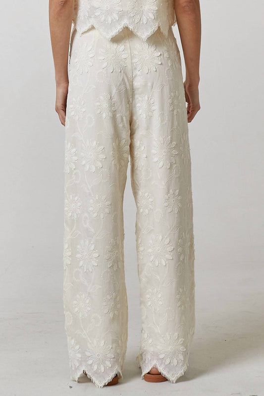 Lalavon - Floral Embroidery Wide Leg Trouser Pants