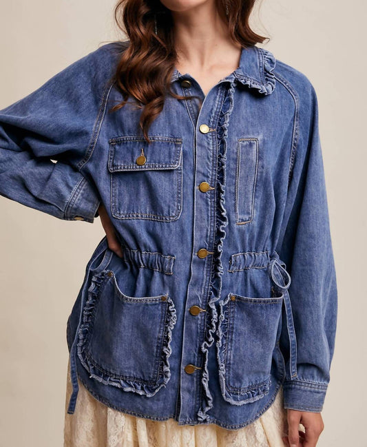 Listicle - Women's Denim Utility Jacket With Ruffle Accents