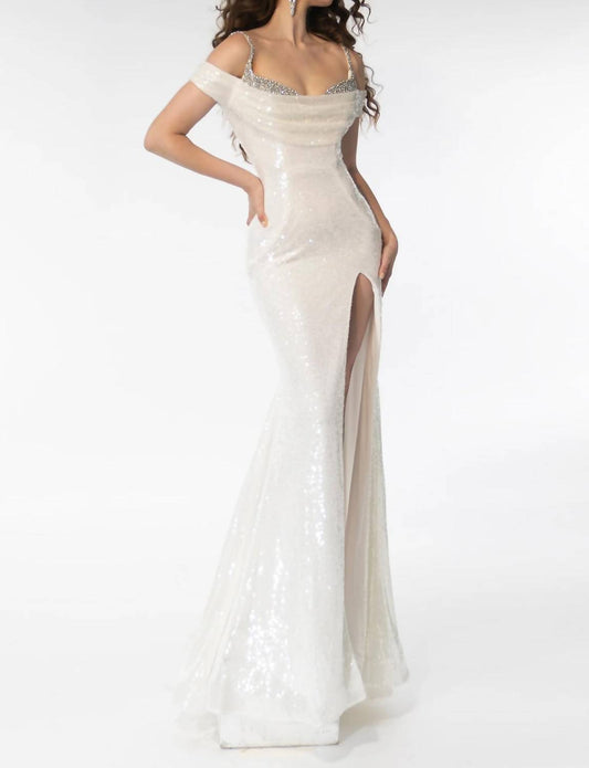 Ava Presley - Sequin Cowl Neck Off-shoulder Gown