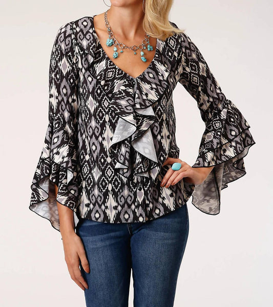 Roper - Women Ikat Long Sleeves Ruffled Blouse