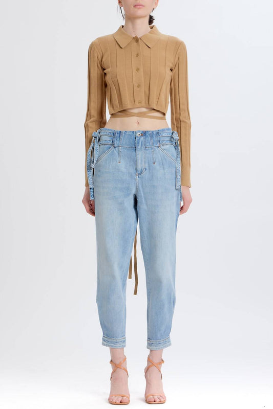 Something Navy - Waist Tie Button Up Sweater