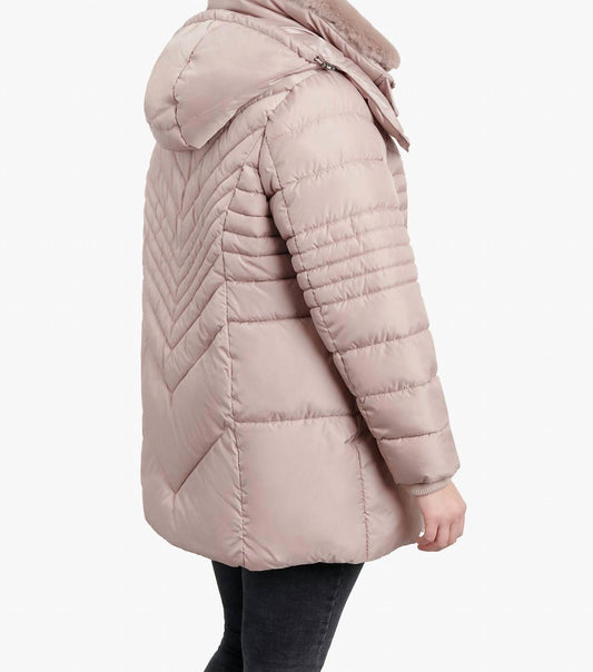 London Fog - Plus Size Zip-front Hooded Puffer Jacket With Button-off Fur Collar