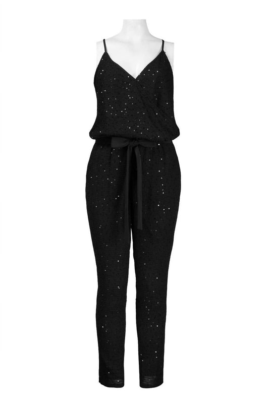 Donna Morgan - Women's Adjustable Strap Bow Tie Detail Sequined Skinny Jumpsuit