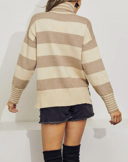 COTTON-BLEND MULTI-STRIPE TURTLENECK SWEATER