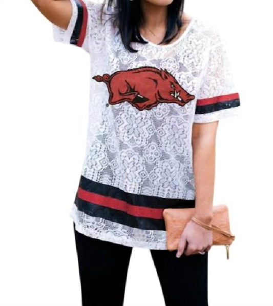 Gameday Couture - University of Arkansas Logo Lace Jersey