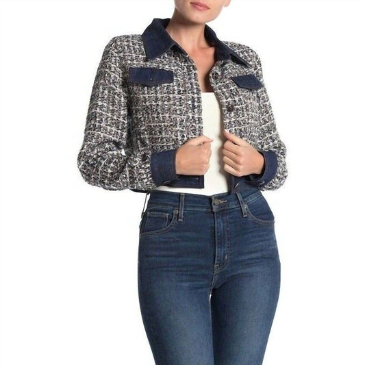 Gracia - Tweed Glitter Contrast Denim Crop Jacket