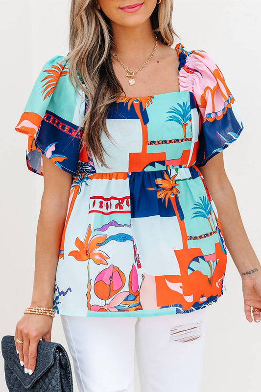 Lovesoft - Tropical Printed Square Neck Babydoll Blouse