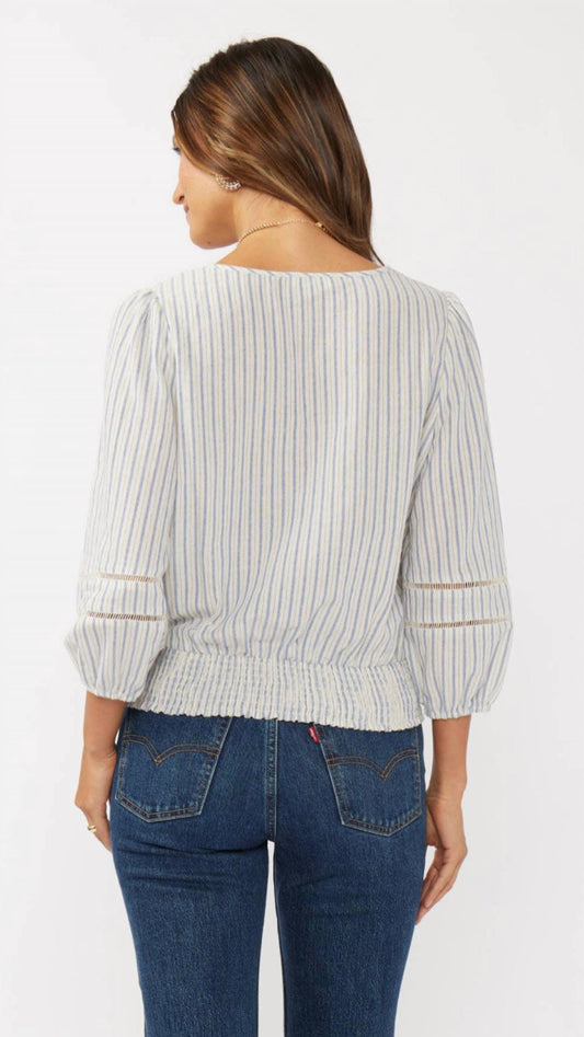 Lovestitch - Embroidered Smocked Waist Stripe Surplice Top