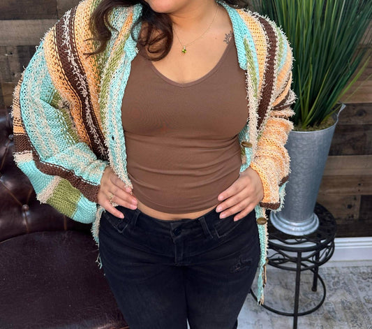 Easel - Stripe Fringe Cardigan Sweater