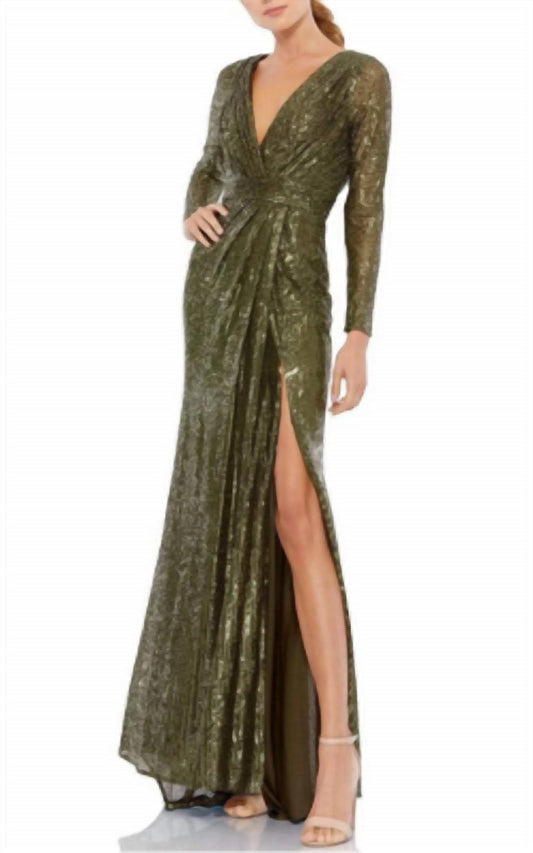 Mac Duggal - Sequin Long Sleeve Gown With Plunging Neckline