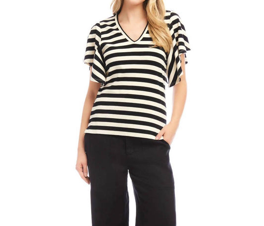 Karen Kane - Women's Stripe Flutter Sleeve V Neck Top