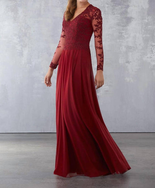 Mgny - Beaded Lace On Net With Stretch Mesh Long Dress